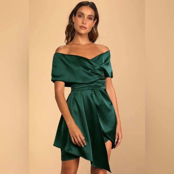 Lulus Always Celebrating Dark Green Satin Off-the-Shoulder Mini Dress - Picture 1 of 8